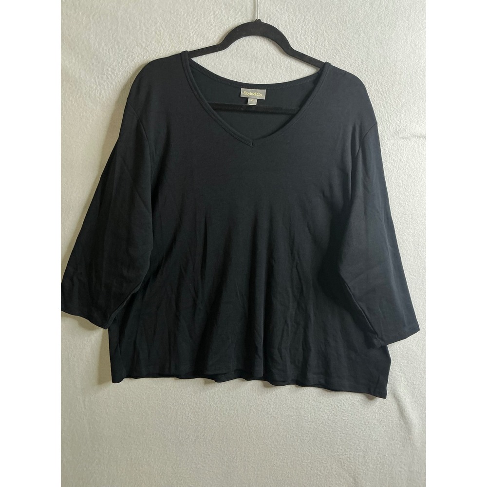Style & Co Womens Top 2X Black V‎ Neck 3/4 Sleeve Knit Casual
